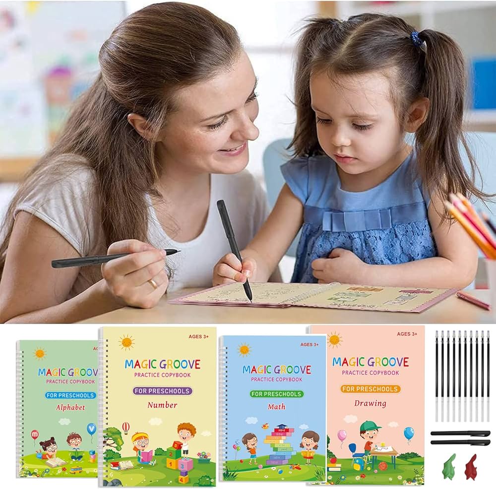 Magic Practice Copybook Set for Kids (4 Books + Pen + 10 Refills) – Reusable Handwriting, Alphabet & Number Tracing Kit (Ages 3+)