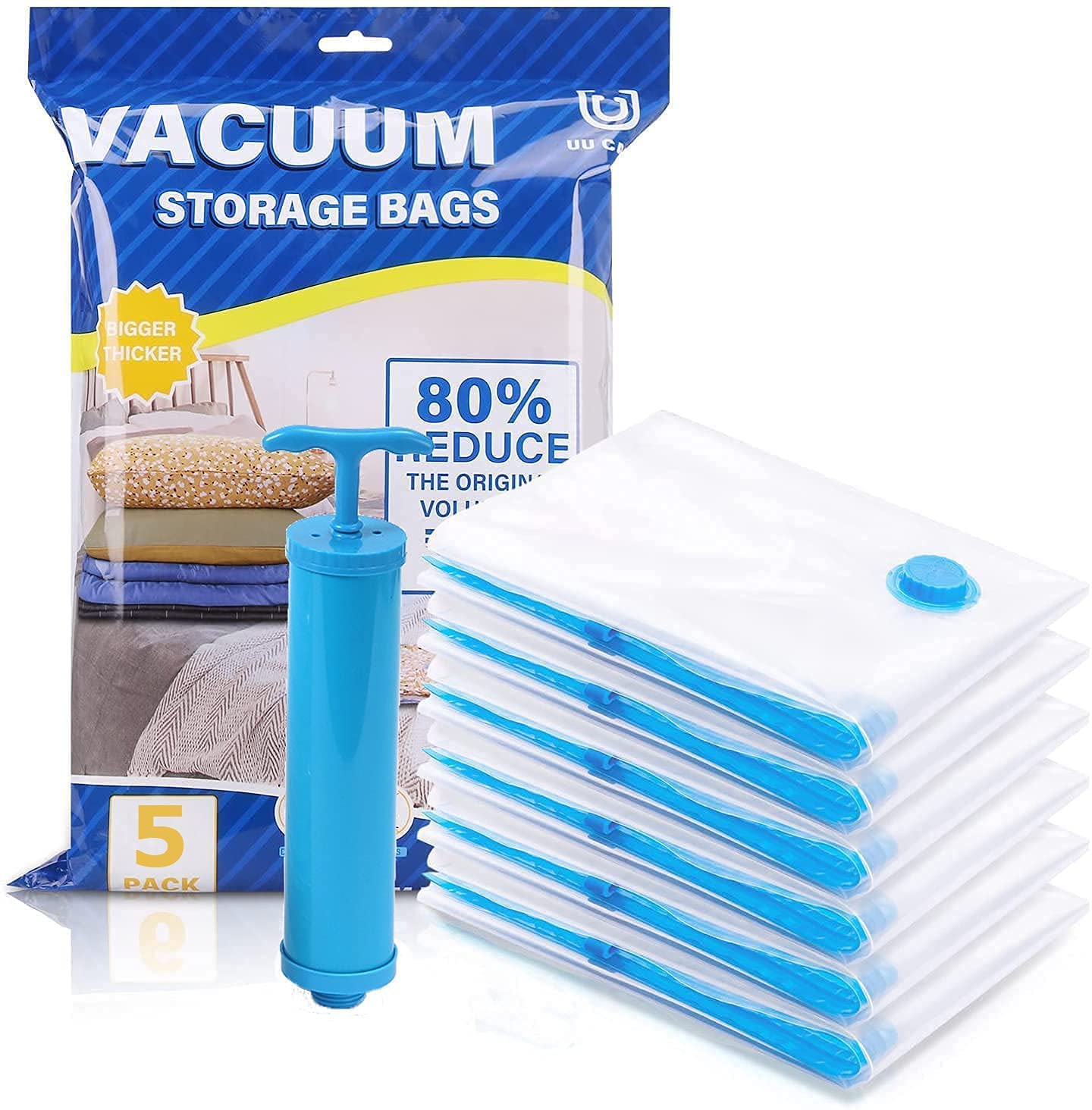 Reusable Ziplock Vacuum Storage Space Saver Plastic Bags for Clothes with Travel Hand Pump - Pack of 5 (2S (60Cmx80Cm), 2M (50Cmx70Cm), 1L(80Cmx100Cm)) - White