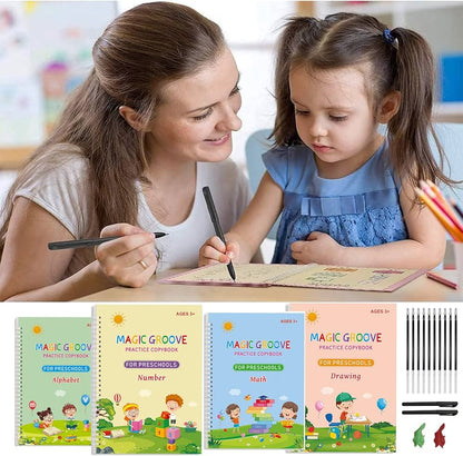 Magic Practice Copybook Set for Kids (4 Books + Pen + 10 Refills) – Reusable Handwriting, Alphabet & Number Tracing Kit (Ages 3+)
