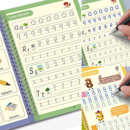 Magic Practice Copybook Set for Kids (4 Books + Pen + 10 Refills) – Reusable Handwriting, Alphabet & Number Tracing Kit (Ages 3+)