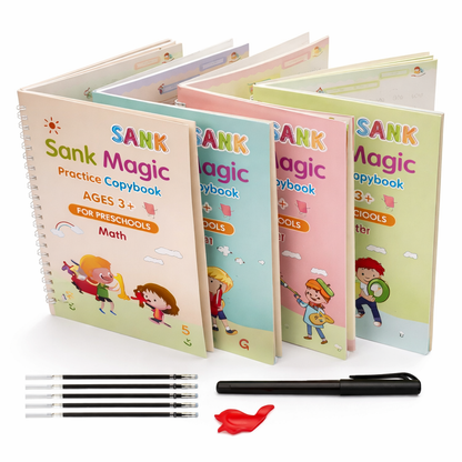 Magic Practice Copybook Set for Kids (4 Books + Pen + 10 Refills) – Reusable Handwriting, Alphabet & Number Tracing Kit (Ages 3+)