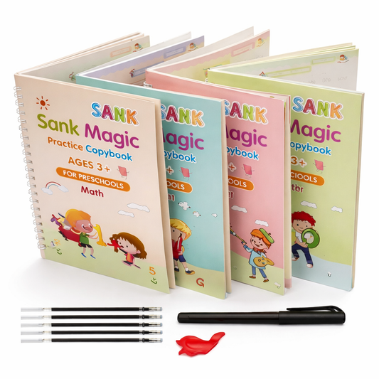 Magic Practice Copybook Set for Kids (4 Books + Pen + 10 Refills) – Reusable Handwriting, Alphabet & Number Tracing Kit (Ages 3+)